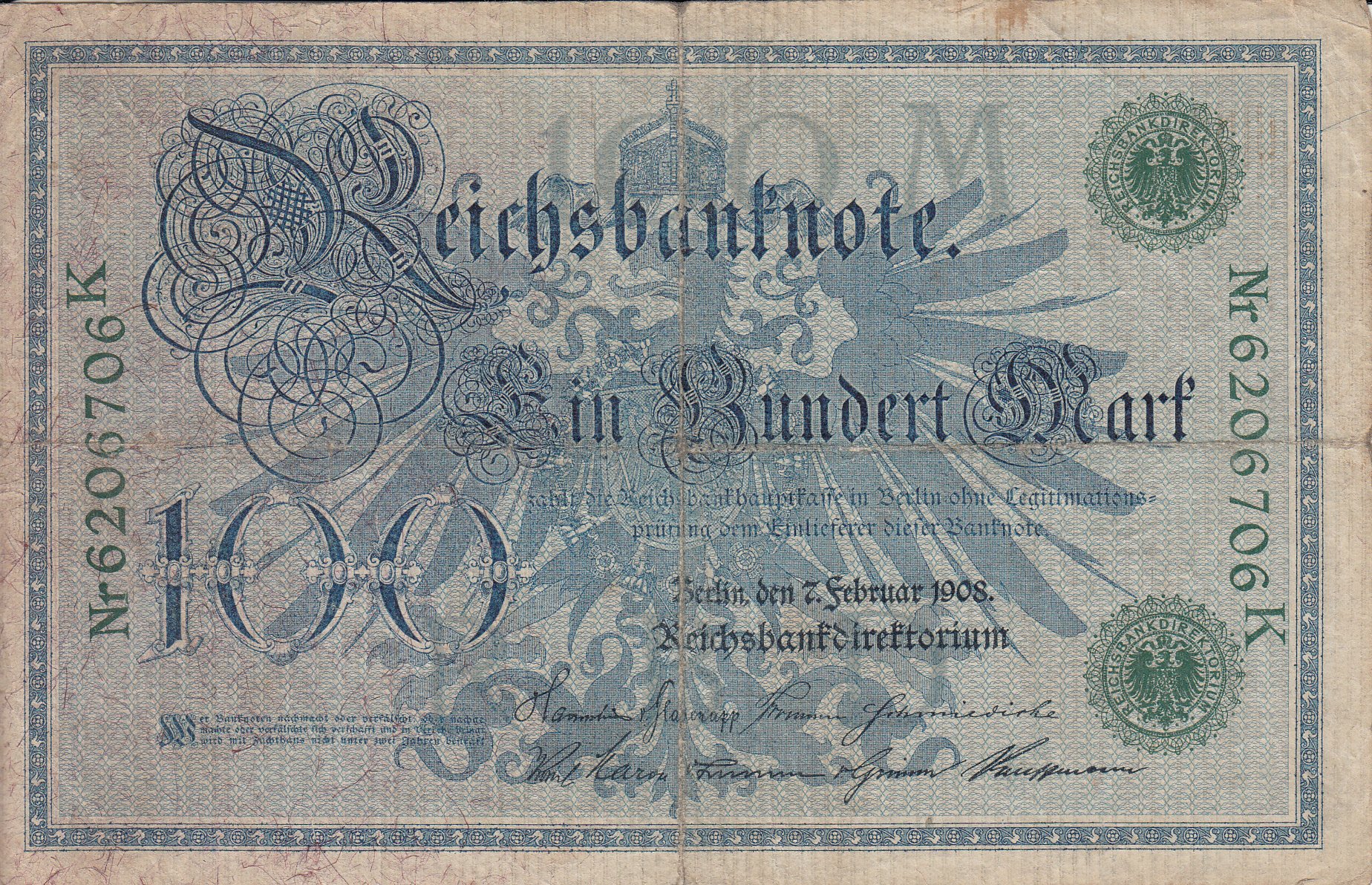 Reichsbanknote 100 Mark von 1908 (Museum des Heimatvereins Hörde CC BY-NC-SA)