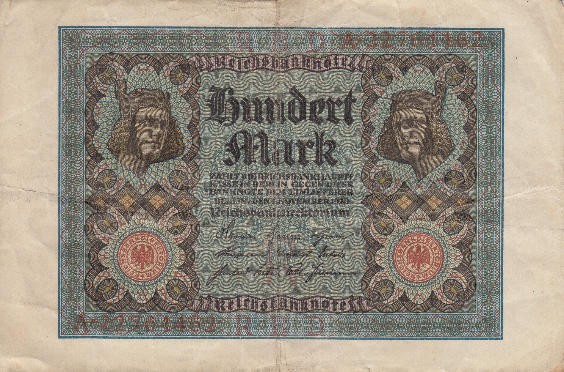 Reichsbanknote 100 Mark von 1920 (Museum des Heimatvereins Hörde CC BY-NC-SA)