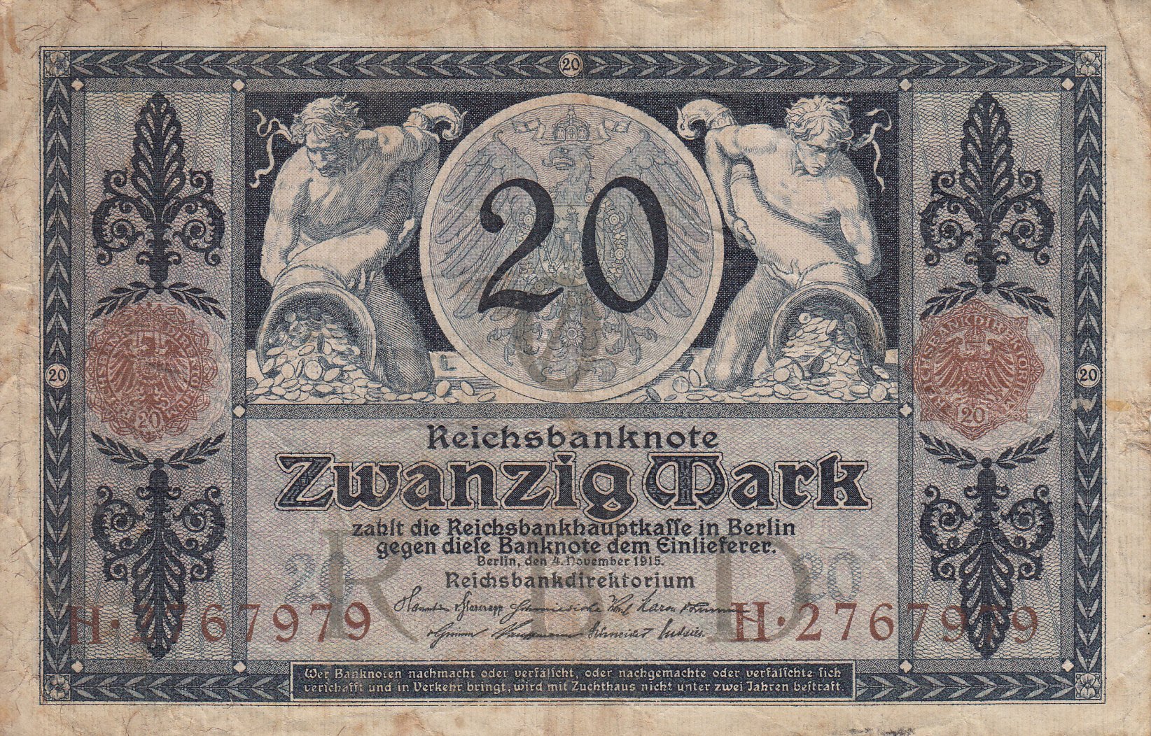Reichsbanknote 20 Mark von 1915 (Museum des Heimatvereins Hörde CC BY-NC-SA)