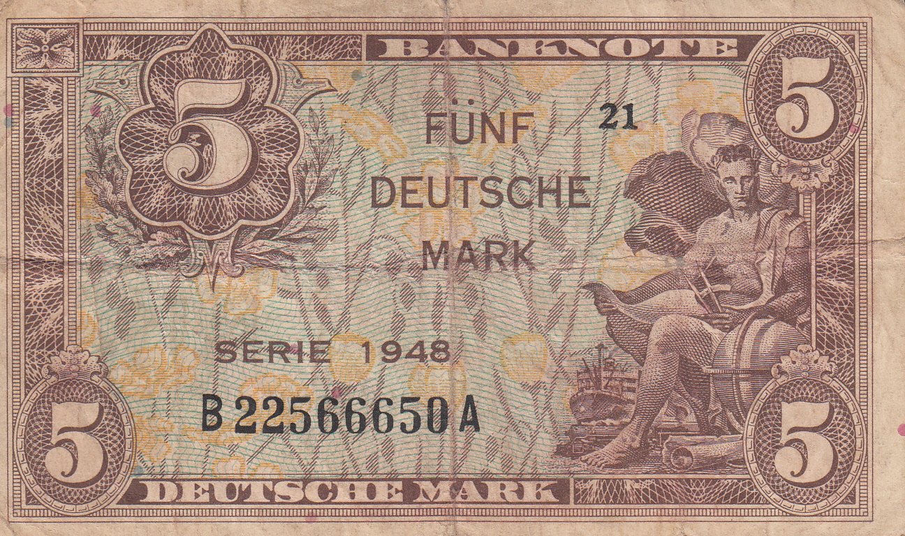 Banknote 5 Deutsche Mark von 1948 (Museum des Heimatvereins Hörde CC BY-NC-SA)