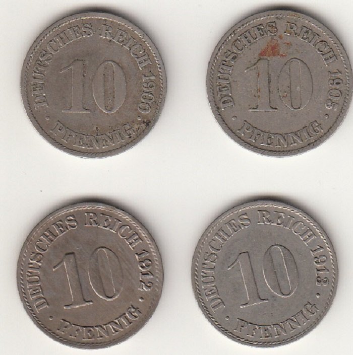 10 Pfennig von 1900 / 1905 / 1912 / 1913 (Museum des Heimatvereins Hörde CC BY-NC-SA)