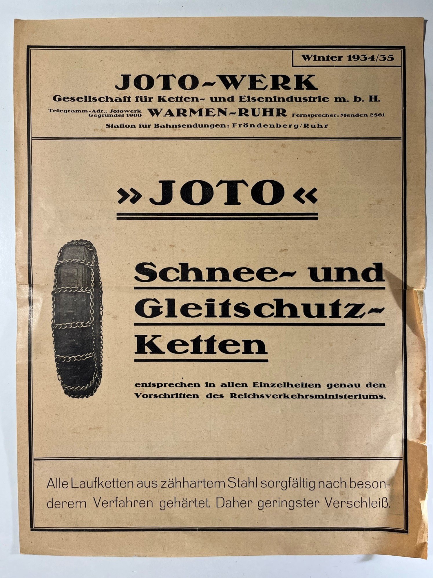 "JOTO" Schnee- und Gleitschutzketten (Faltblatt von 1934/35) (Westfälisches Kettenschmiedemuseum Fröndenberg/Ruhr CC BY-NC-SA)