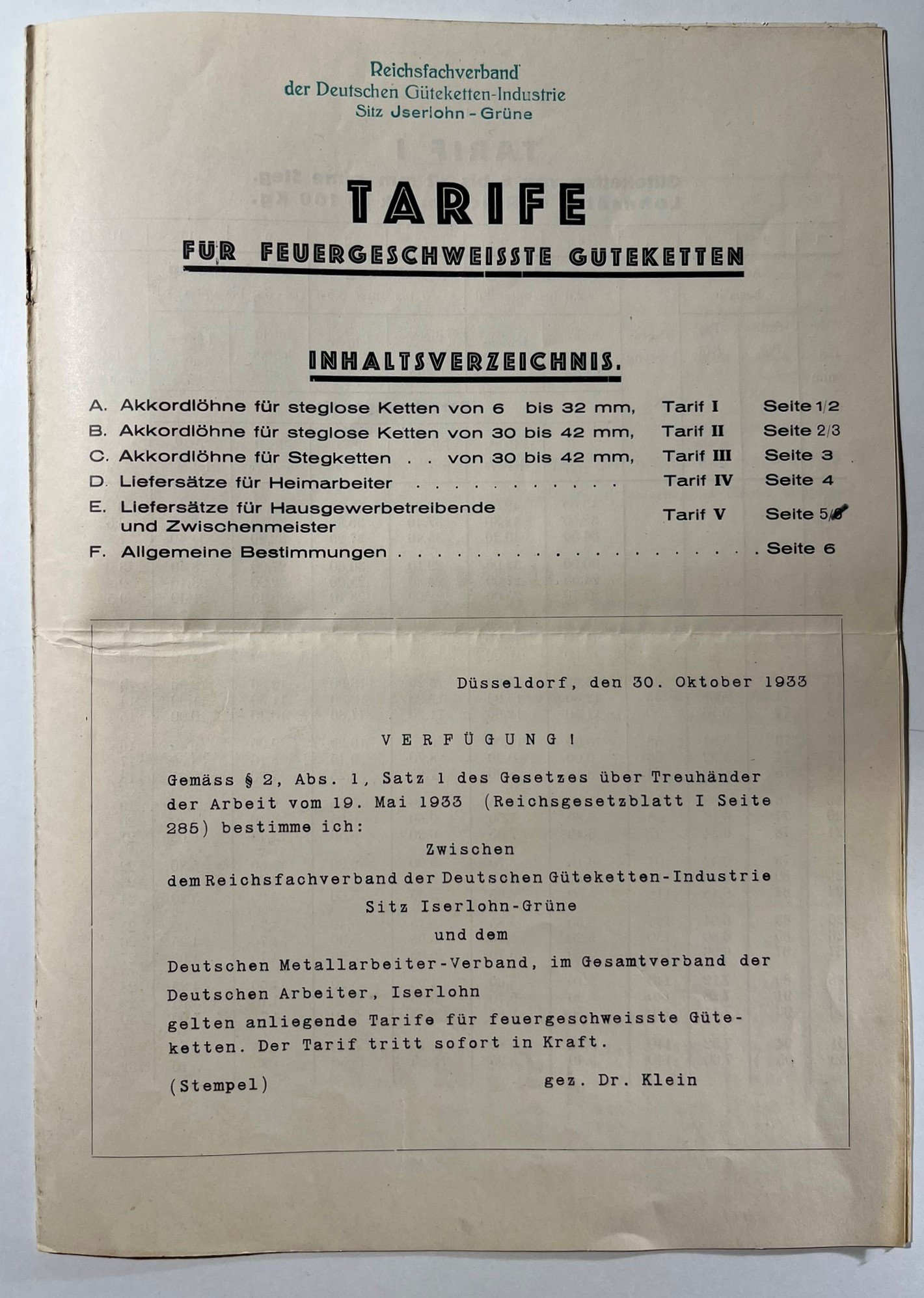 Tarife für feuergeschweisste Güteketten, 30. Oktober 1933 (Faltblatt) (Westfälisches Kettenschmiedemuseum Fröndenberg/Ruhr CC BY-NC-SA)