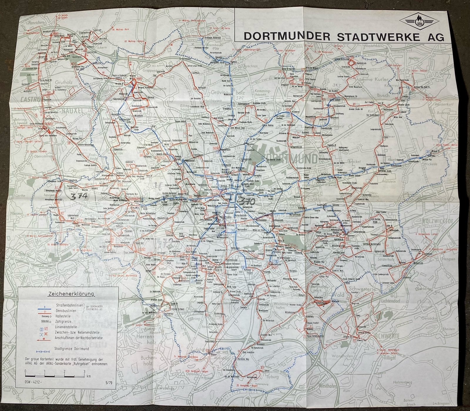 Liniennetzplan der Dortmunder Stadtwerke AG 1979 (Nahverkehrsmuseum Dortmund CC BY-NC-SA)
