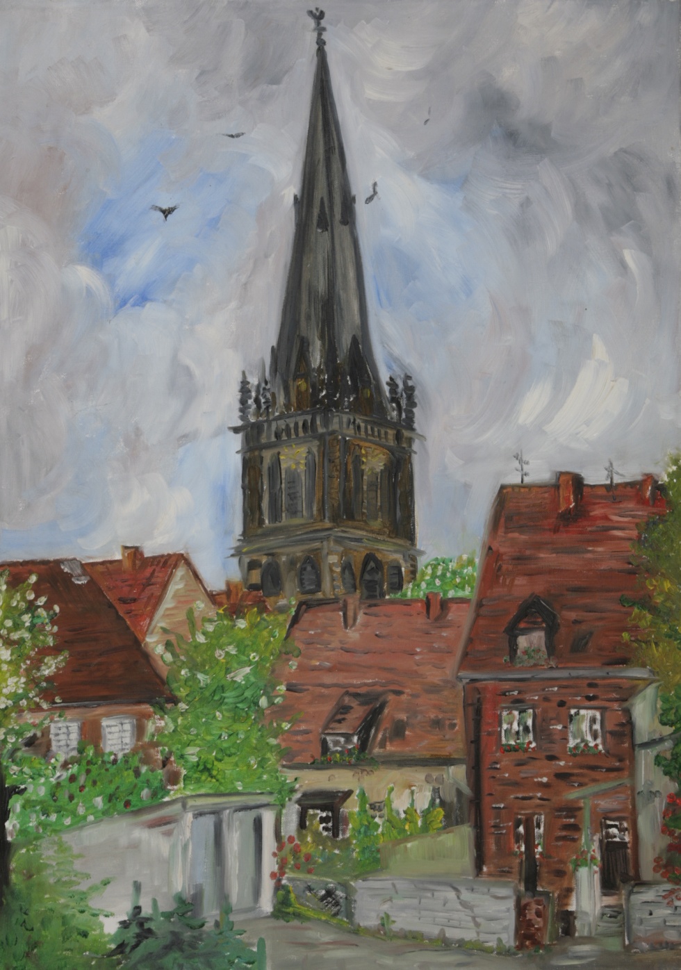 Ölbild des Kirchturms der Ahauser Kirche St. Marien (Kannenbrock, Lisa CC BY-NC-SA)