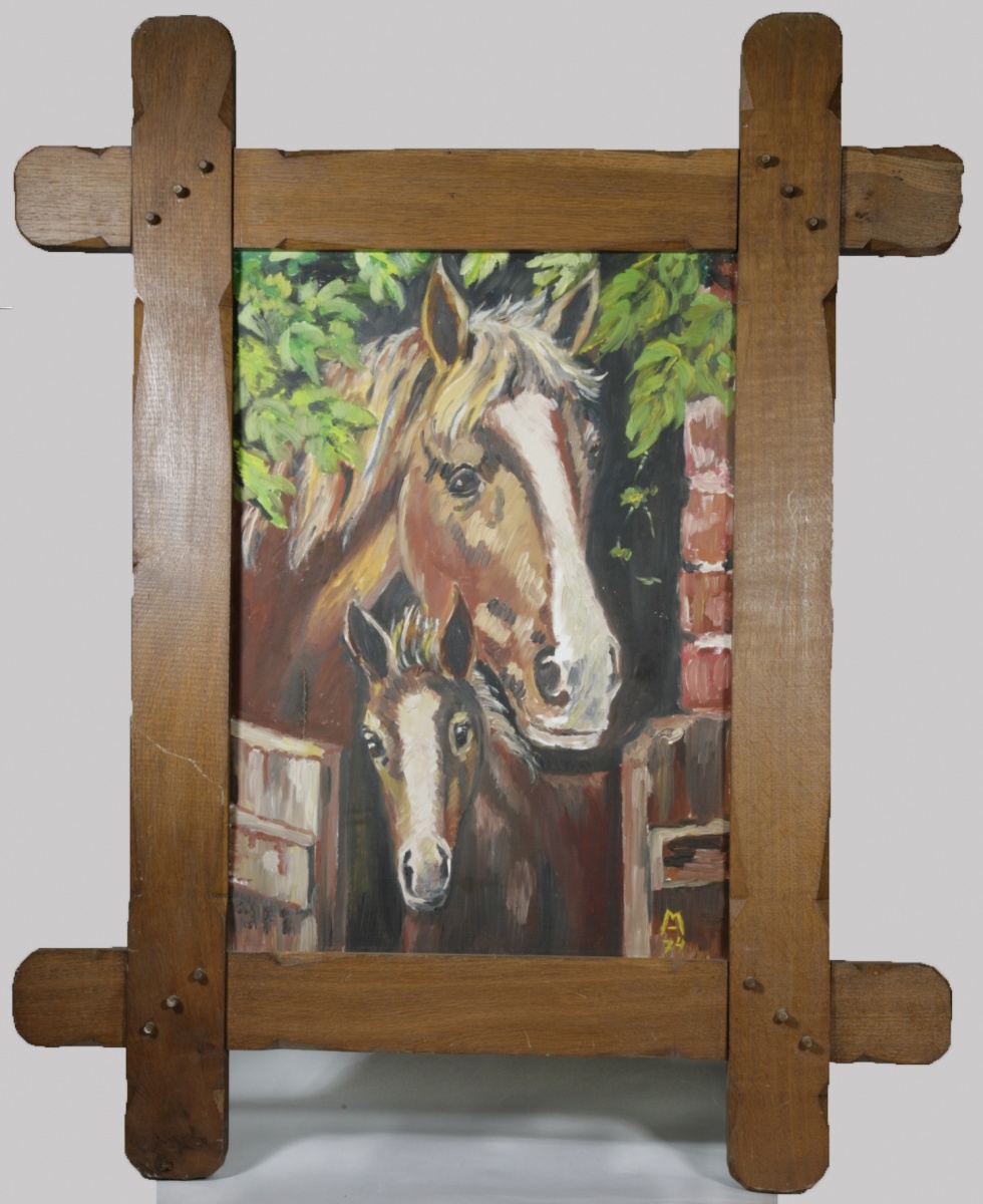Ölbild eines Pferdes mit seinem Fohlen in einem Eichenrahmen (Kannenbrock, Lisa CC BY-NC-SA)